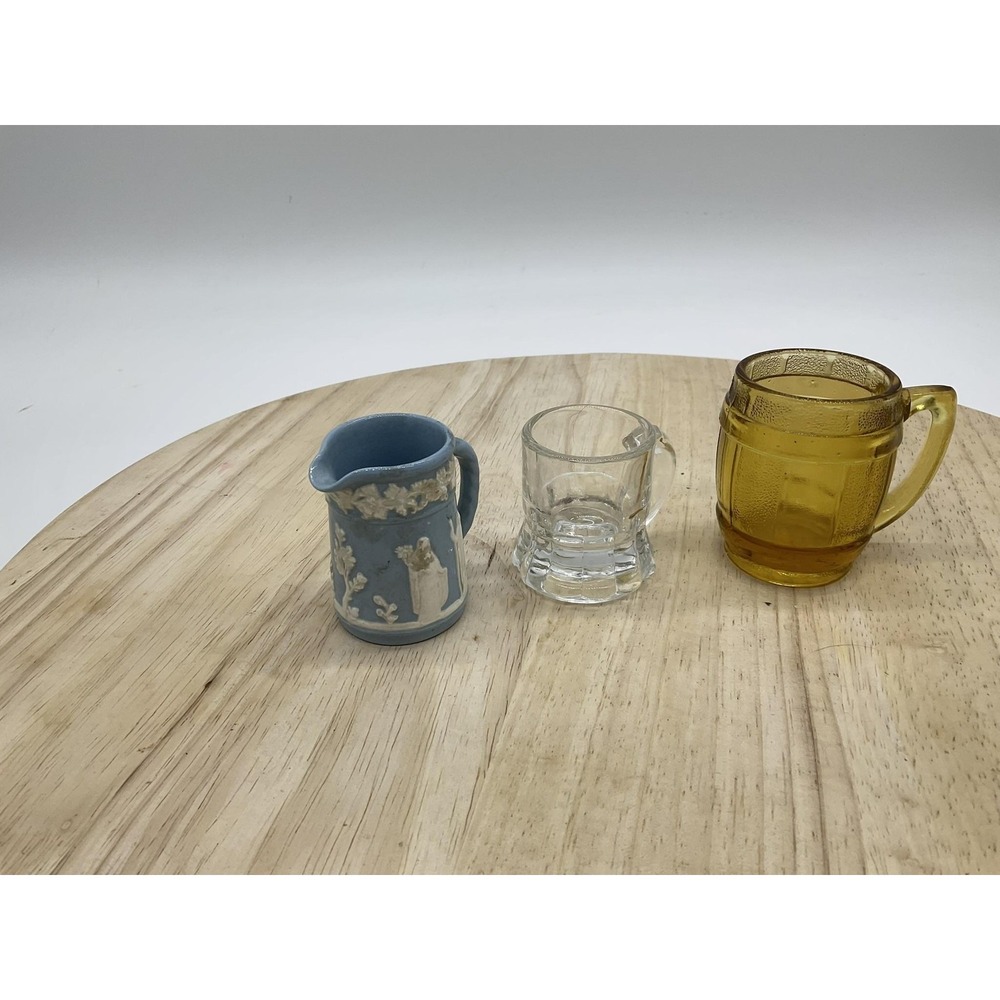 Vintage Wedgwood Shot Glasses Set Of 3 Mini Mugs Blue Clear Amber Glass Handles